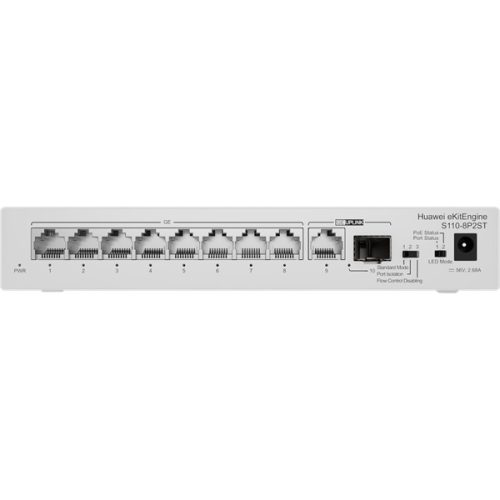 Huawei eKit Switch 8x1000Mbps (POE+) + 1x1000Mbps Uplink + 1x1000Mbps (SFP), Nem menedzselhető, Asztali, S110-8P2ST