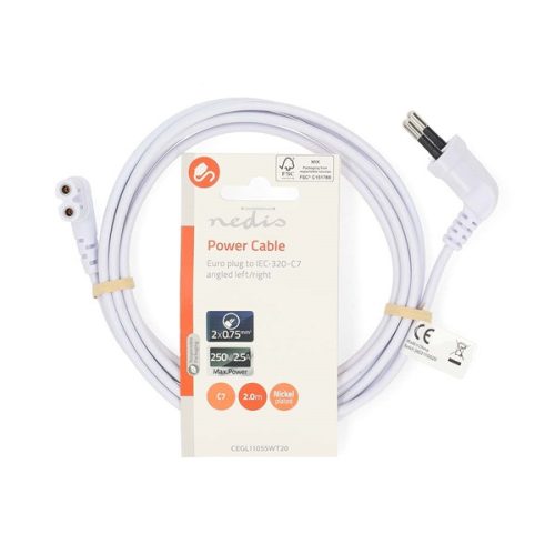 Nedis CEGL11055WT20 tápkábel, Euro dugó,  IEC-320-C7,  pipa, szögben balra, 2m, fehér