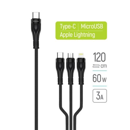 COLORWAY Kábel Type-C CW-CBPDU3060-BK, 3B1 (Lightning+MicroUSB+Type-C) 3.0A (PD60W adatok) 1.2 fekete
