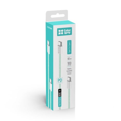 COLORWAY Kábel Type-C CW-CBPDCC061-G, fonott pamut, PD Fast Charging 60W, 3,0A 1M zöld