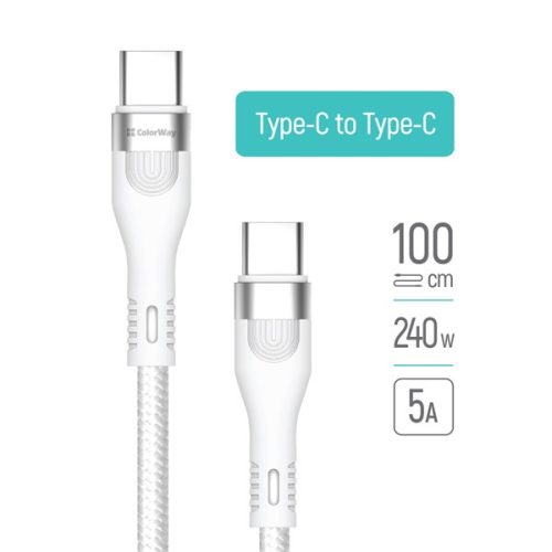 COLORWAY Kábel Type-C CW-CBPDCC065-WT, fonott nylon, PD 240W, 5,0A 1M fehér