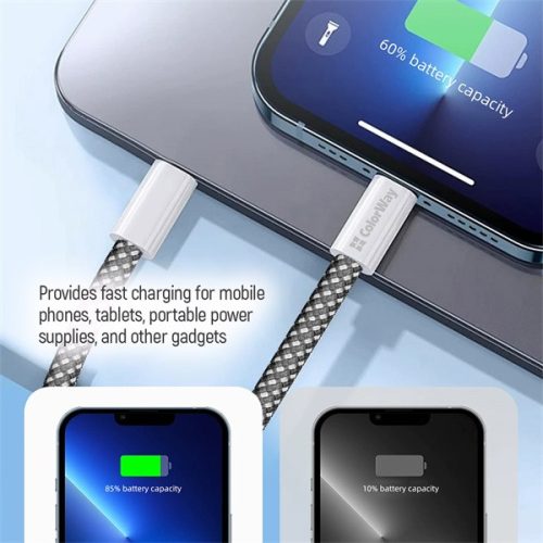 COLORWAY Kábel Type-C CW-CBPDCL061-BK,  Apple Lightning, fonott pamut, PD 27W, 1M fekete