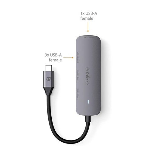 Nedis CCGB64220GY01 4 portos USB-C hub, USB-C dugó (USB C) to 4x USB A 3.2 Gen1